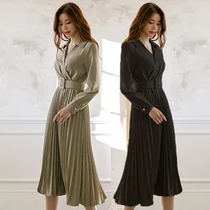 OL Women Dress Long Sleeve High Waist Solid Mid Calf Elegant For Office Lady Female Business Pleated Vestidos Dresses 2023 New