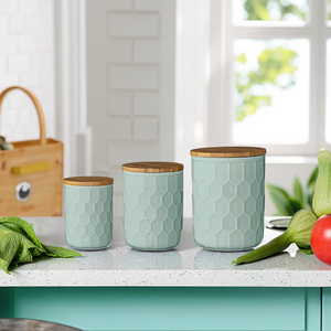 FENN Holzdeckel Waben muster Vorrats glas <span class=keywords><strong>Set</strong></span>/Tee Zucker Kaffee Kanister Keramik Vorrats glas für die Küche - Product Image 4