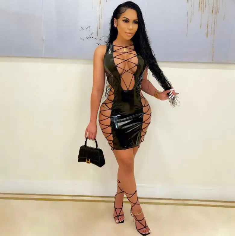 STOCK 3Colors Women Lace Up Hollow Out Leather PU Sexy Party Clubwear Bodycon Midi Mini Dress Pencil Prom Dresses