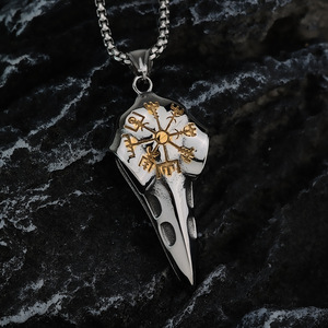 Collar de hombre con colgante de brújula con cabeza de cuervo vikingo de acero inoxidable, diseño geométrico con temática animal, joyería de regalo - Product Image 3