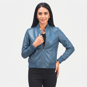 Sleek Womens Blue <b>Real</b> <b>Leather</b> Bomber <b>Jacket</b> Fitted Stand Collar Ribbed Cuff Elastic Hem Full Zip Premium Ladies <b>Jackets</b> - Product Image 1