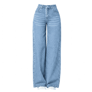 Jean en denim taille mi-haute coupe ample pour femme, jambe large, déchiré, délavé, en coton vintage léger, couleur unie, ODM, automne, Bangladesh - Product Image 4