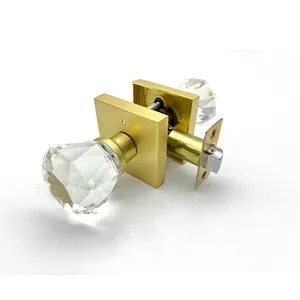 Satin Brass Crystal Glass Door Knob Interior With Lock Privacy Bathroom Bedroom Door Lock