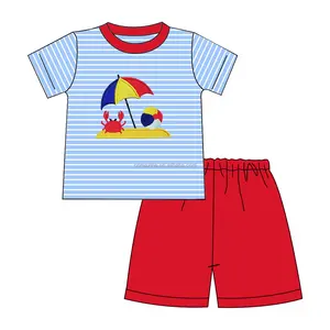 2024 New Arrival Customized Boys Clothing Cute Beach Castle Embroidery Boy Clothing Sets For Summer