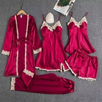 Vente en gros usine – Nouveauté : Ensemble de pyjama sexy en satin de soie et dentelle pour femme, 5 pièces, tenue d'intérieur incluant une nuisette, ultra-douce