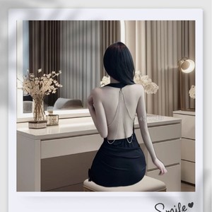 Halter Backless Bodycon <b>Dress</b> Black Satin Drawstring Club Wear - Product Image 2