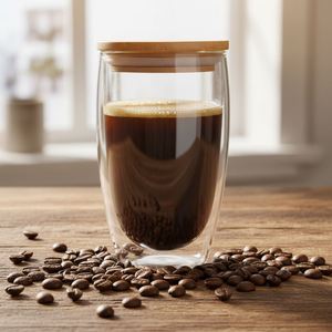 Cadeau promotionnel, tasse à eau et à café en verre borosilicate à double paroi épaisse avec couvercle en verre et bambou, 250 ml, 350 ml, pour le bureau, le lait, les boissons - Product Image 1