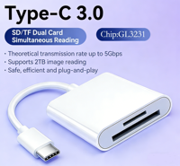 Lector de Tarjetas SD Externo USB 3.0 Tipo C de Doble Conector, Plástico Blanco, Molde Privado, Todo en Uno, Sincronización de Alta Velocidad de 5 Gbps, Venta al Por Mayor