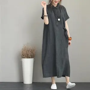 2023 Summer High Quality Cotton And Linen Solid Color Lapel Short Sleeve Loose Pocket Women's Causal Dress