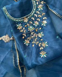 Semi Stitched Pure Organza Silk Suit Piece with Hand Embroidery Kurta <b>Pant</b> Dupatta Women's Designer Ethnic Wear Traditional Wear - Product Image 3