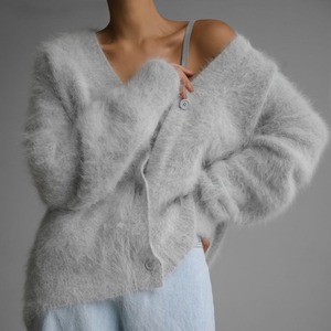 Cárdigan de punto de <span class=keywords><strong>lana</strong></span> de visón para <span class=keywords><strong>mujer</strong></span>, estilo europeo-americano, otoño-invierno 2025, informal, holgado, manga regular, cuello en V, suéter abotonado - Product Image 4