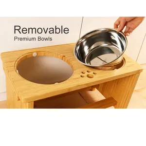 Fábrica Direct Supply Bamboo Elevated <span class=keywords><strong>Dog</strong></span> and Cat Alimentador com 2 Tigelas de aço inoxidável para alimentos e água para gatos e cães - Product Image 4