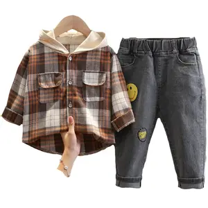 Spring Autumn Children Clothes Handsome Kids Sets 2021 Hooded Plaid Shirt and Jeans Two-piece Boys Clothing Sets