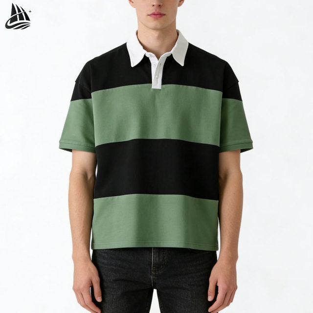 Rugby Retro Football Lapel Oversized T-shirt Boxy Cropped t Shirts Manufacturer Heavy 100% Cotton Stripe Button up Polo Shirts