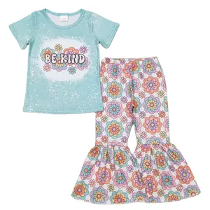 RTS Baby Girls Toddler Short Sleeve Be Kind Flowers Tops Bell Bottom Flare Pants Kids Children Spring Outfits Clothes Sets