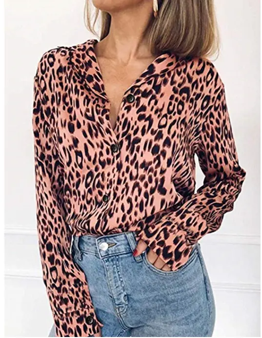 High Rated Women V-Neck Leopard Print Tunic Long Sleeve Casual Silk Satin Blouse Top Shirts