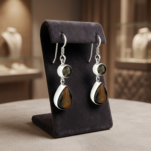 Nouvelles Boucles d'Oreilles Pendante Tendance en Quartz Brun et Labradorite Naturelle Taillée Poire, en Argent Sterling Massif 925, pour Mariage Indien - Product Image 3