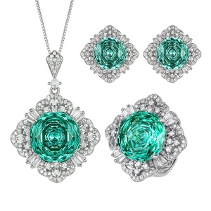 Factory Wholesale Eco-friendly Copper 16-10mm Green Cubic Zirconia Wedding Floral Design Pendant <b>Earrings</b> Ring <b>Sets</b> for Women - Product Image 1