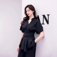 Tenue de travail haut de gamme pour styliste de salon de beauté, ensemble deux pièces noir style coréen, anti-rides, en velours polyester élasthanne, élégant avec dentelle