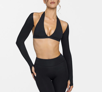 Ensemble de 3 pièces pour femmes : haut de sport personnalisé avec logo, haut de sport sexy à manches longues avec devant torsadé, soutien-gorge de sport, boléro, leggings de yoga