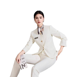 Women's Off-White <b>Blazer</b> And Trousers <b>Set</b> Long Sleeve Formal Workwear For Commute Anti-Wrinkle Worsted Fabric - Product Image 5
