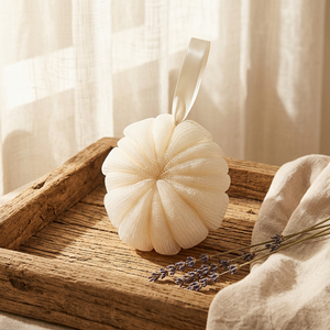 Flower Shape Shower <b>Puff</b> White Exfoliating Bath Sponge with Ribbon Hang Simple Style for Adults - Product Image 1