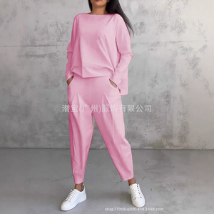Ensemble de costume décontracté pour femmes, couleur unie, haut à col rond avec poches, pantalon SMLXLXXLXXXL, blanc, gris, rouge, noir, orange, rose, bleu, vert - Product Image 3