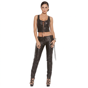 Black Genuine <b>Leather</b> High Waist Laced Formal Straight Full Length Button Fly <b>Pants</b> <b>Lace</b>-<b>Up</b> Side Hollow Design Winter Women's - Product Image 1