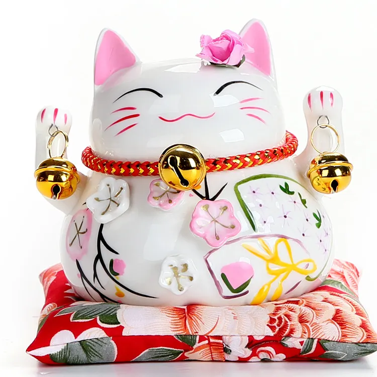 Белая, розовая, ручная роспись, милый дизайн, японский сувенир, керамическая статуя счастливого кота