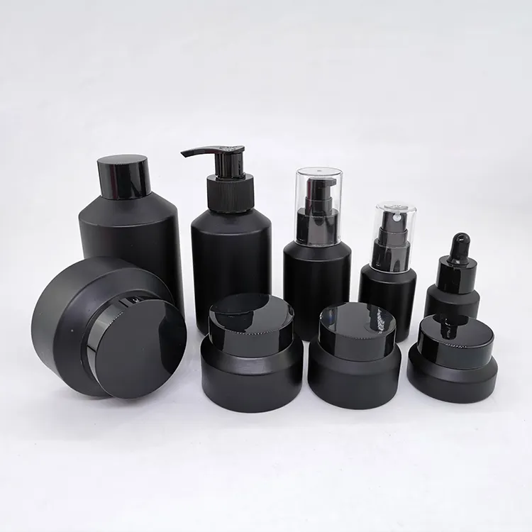 15ml 30ml 60ml 100ml 120ml 200ml glass dropper pump spray bottles jars cosmetic packaging black matte frosted glass bottle