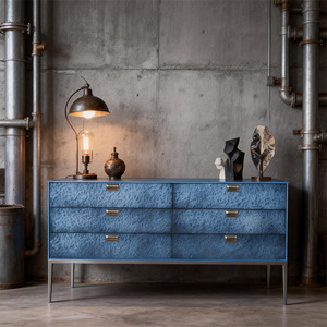 Cassettiera di Lusso Blu Texturizzata Stile Wabi-Sabi, Comò Moderno con Gambe in Metallo, Mobile in Legno con Sei Cassetti per Soggiorno - Product Image 4
