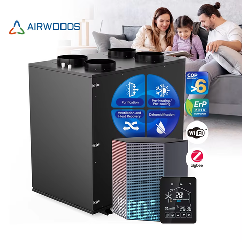 Smart Ventilation System with Heating and Cooling Energy Saving Hrv Erv Tuya Wifi Control Panel 350-950 Airflow