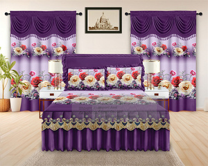 Ensemble de <span class=keywords><strong>literie</strong></span> de luxe à imprimé floral 5 pièces avec jupe de lit matelassée, rideau en dentelle et taies d'oreiller - Textile de maison - Product Image 4