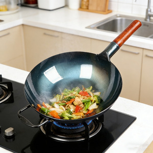 Round Bottom Wok Non-Stick For Gas <b>Stoves</b> Home Use With Wooden Handle - Product Image 1