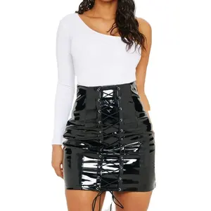 Girl Fancy Sexy Black Vinyl High Waist Lace Up Women PU Leather Tight Mini Skirt