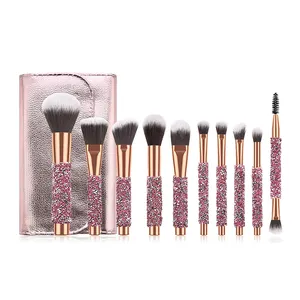 BUEYA high quality 10-piece brush set blue bling makeup brush set with rhinestone handle custom logo