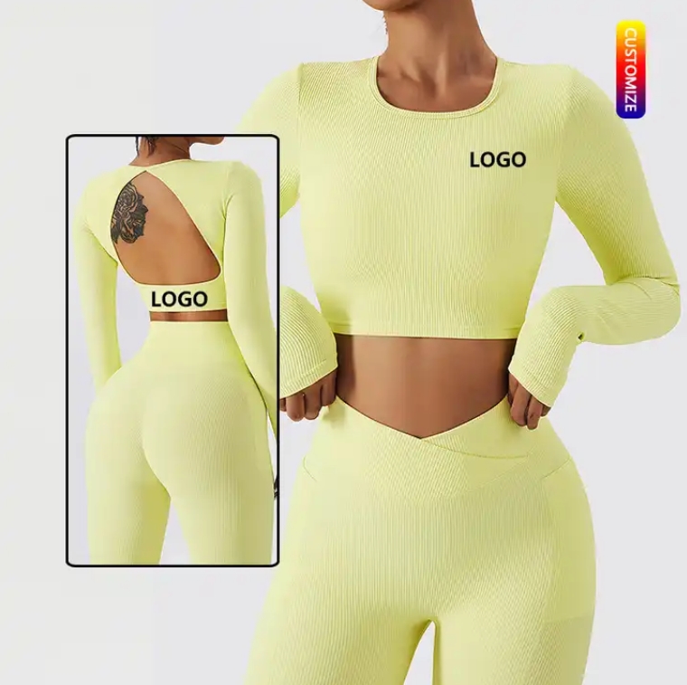 Best Quality Gym Workout Fitness Yoga Wear High Strength Quick Dry Ribbed Long Sleeve Seamless Backless Sports Spandex Running