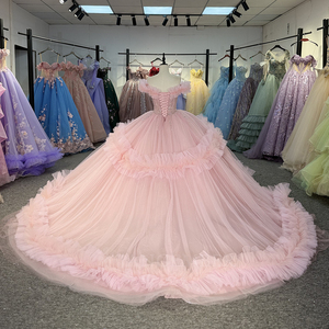 20257 Vestido de Fiesta Exclusivo con Hombros Descubiertos, Volantes, Color Rosa, con Lentejuelas, para Quinceañera - Product Image 4