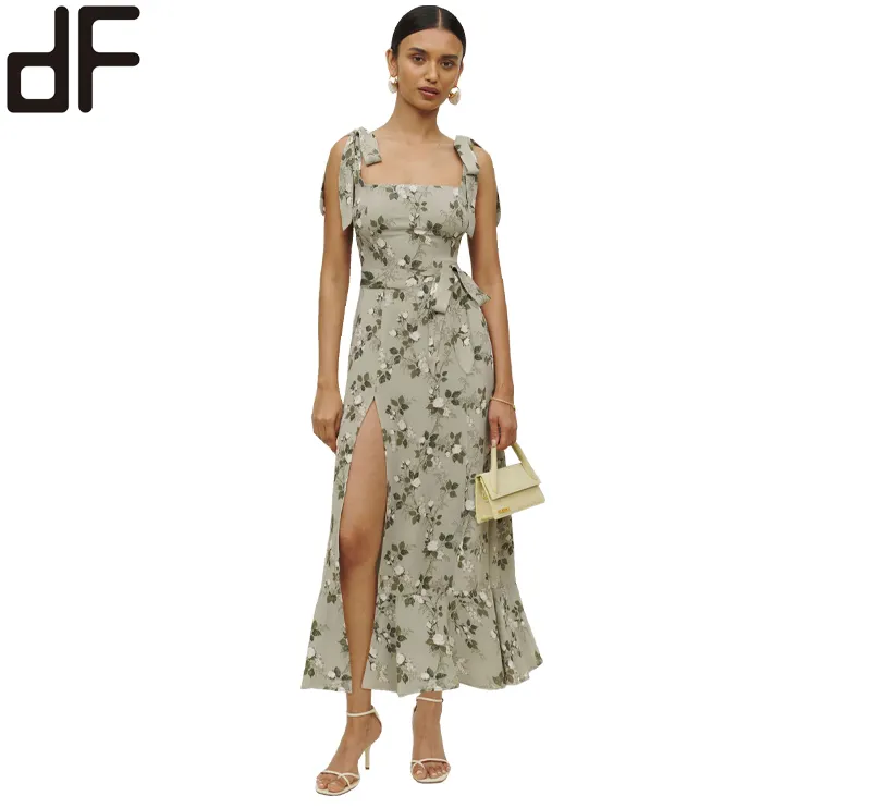 new arrival wholesale casual dresses modest long flowy summer dresses new fashion western floral printed slit maxi dress