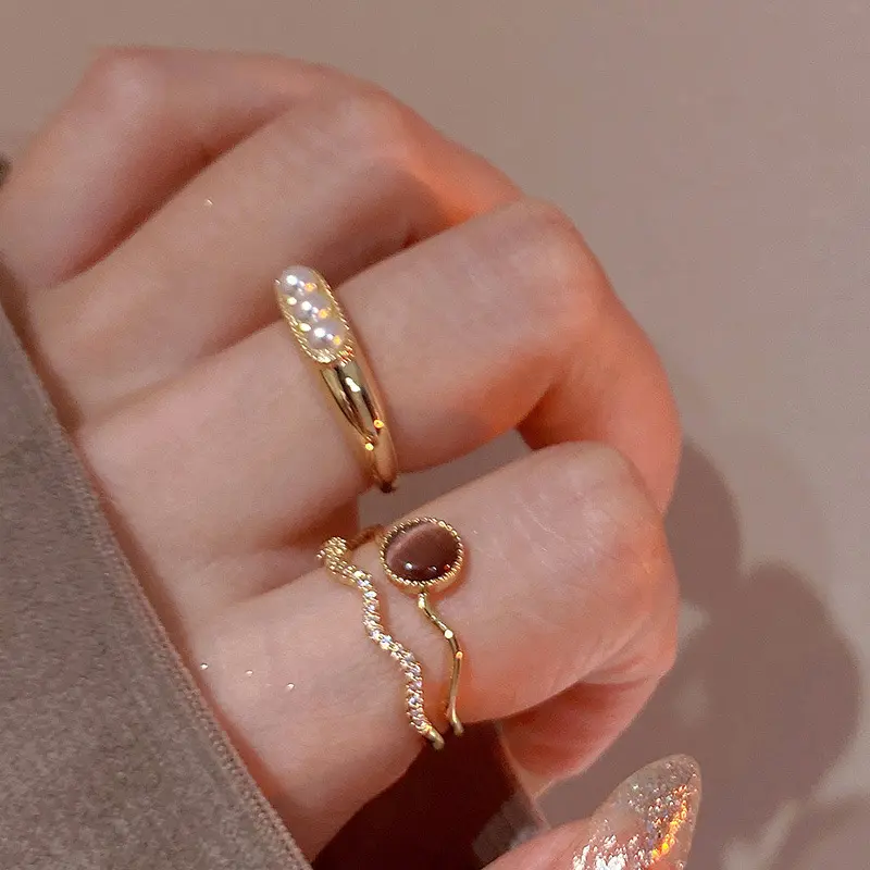 Retro Elegan Temperamen Indeks Jari Perhiasan Berlapis Emas Ganda Disesuaikan Zirkon Opal Mutiara Cincin untuk Wanita