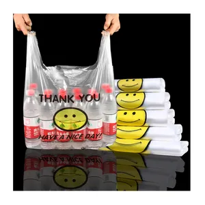 Bolsa de compra de plástico con estampado personalizado, venta directa de fábrica, bolsas para camisetas de supermercado, rollo de bolsas con cara sonriente blanca