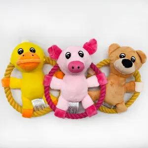 Cotton Rope Pet Dog Throw Toys Cartoon Duck Pig Small Medium Dogs Squeaker Chew Training Toy Durable Outdoor Dog Toy