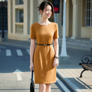High Waist O-Neck Stripe Bodycon Dress Pumpkin Color With Belt Office Casual Women's Dress - Product Image 1
