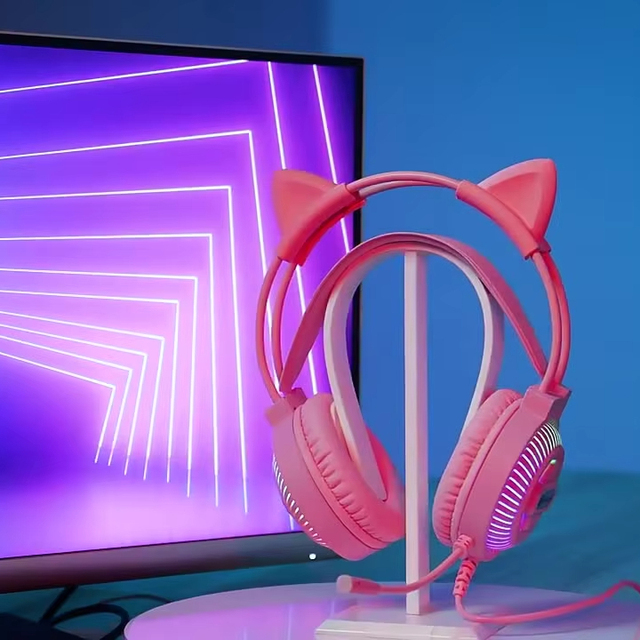 Cat Ear Gaming Headset with Microphone  Pink Wired Over-Ear Headphones for PC, Laptop, and Gamer Girls