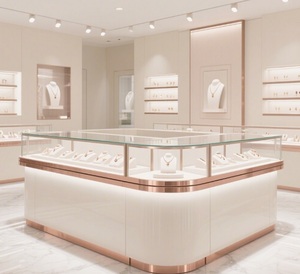 Espositore per Gioielli di Lusso con Angoli Arrotondati, Vetrina in Vetro <span class=keywords><strong>Crema</strong></span> e Oro Rosa con LED per Negozi al Dettaglio - Product Image 2