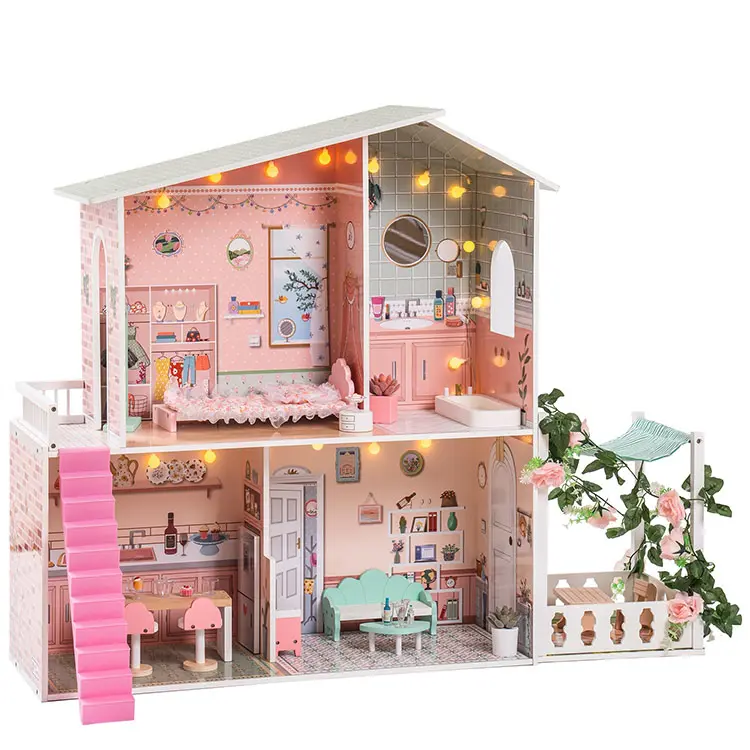 Casa delle bambole su misura casa dei sogni giocattoli rosa ragazza bambino gioco casa regalo 4 storie 10 camere casa delle bambole con 2 principessa