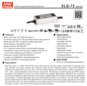 MEAN WELL XLG-75-L-A 74.9W 700‑1050mA 53‑107V Constant Power IP67 Waterproof <b>LED</b> <b>Driver</b> AC100‑305Vac - Product Image 2