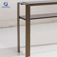 QIANCHENG vente en gros Bronze métal ovale verre coffre armoire français luxe mince haute Vintage couloir Console Table en verre