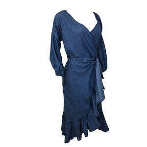 Nuevo azul mujeres nueve puntos manga una línea volante dobladillo vestido cuello en V vestido linterna manga mujer vestido EDF0617 - Product Image 4