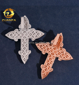 재고 패션 남자 쥬얼리 로즈 골드 컬러 힙합 펜던트 S925 VVS1 모이사나이트 다이아몬드 로즈 플라워 크로스 펜던트 목걸이 세트 - Product Image 4